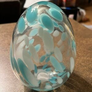 HomeGoods Art Glass Egg Unisex 5in Turquoise White NWOT Confetti Spotted